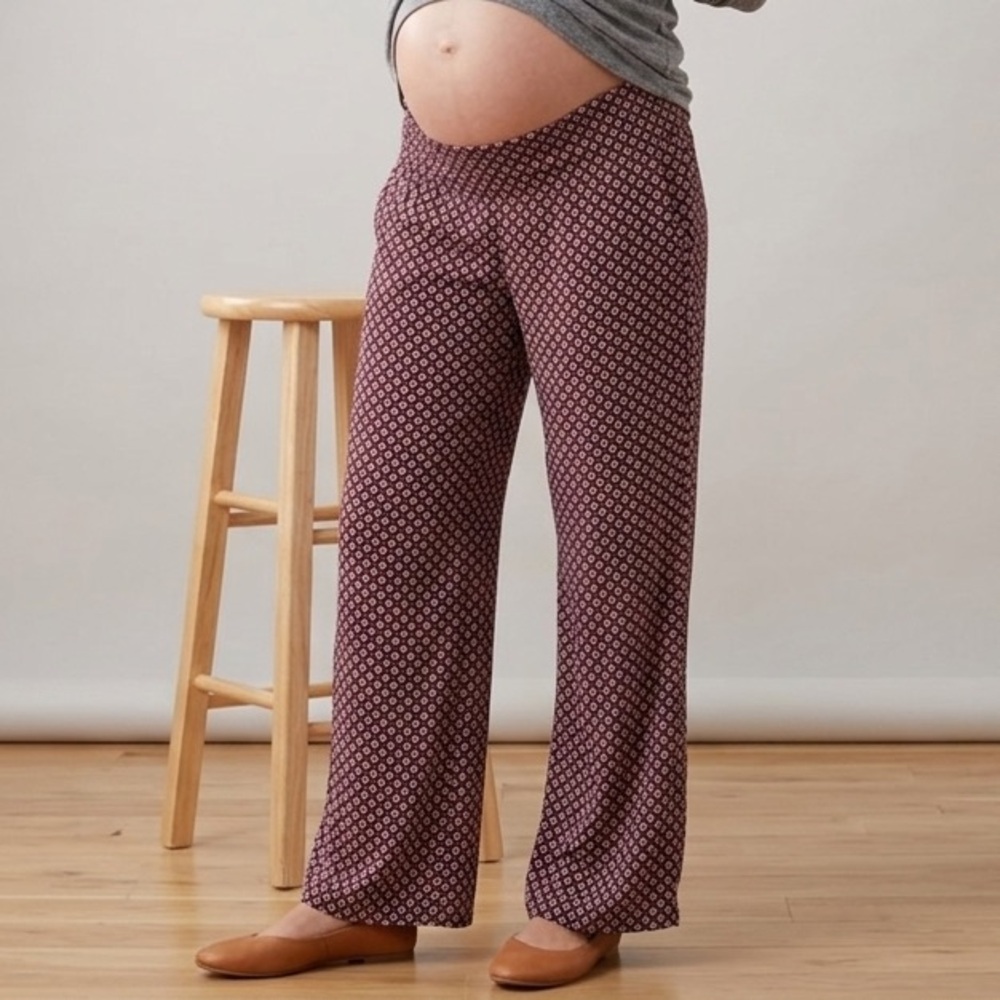 A Pea In The Pod Womens Burgundy Floral Maternity Elastic Waist Wide Leg Pant